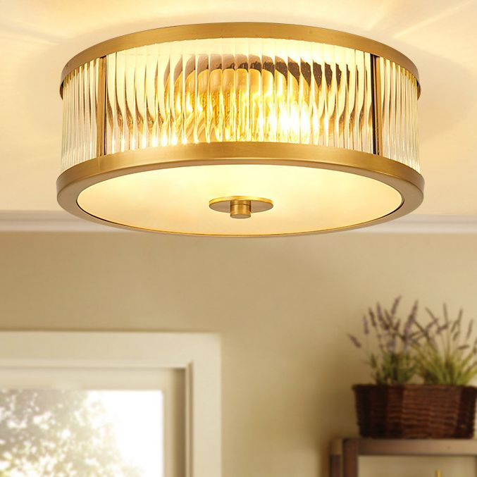 Brass Drum Flush Mount Light Traditional Style Glass Ceiling Light for Bedroom Living Room