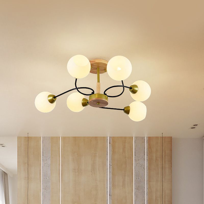 Ball Frosted Weiß Glas Deckenlampe Modernism 6 Lights Gold Semi Flush Mount Chandelier mit Winding Arm