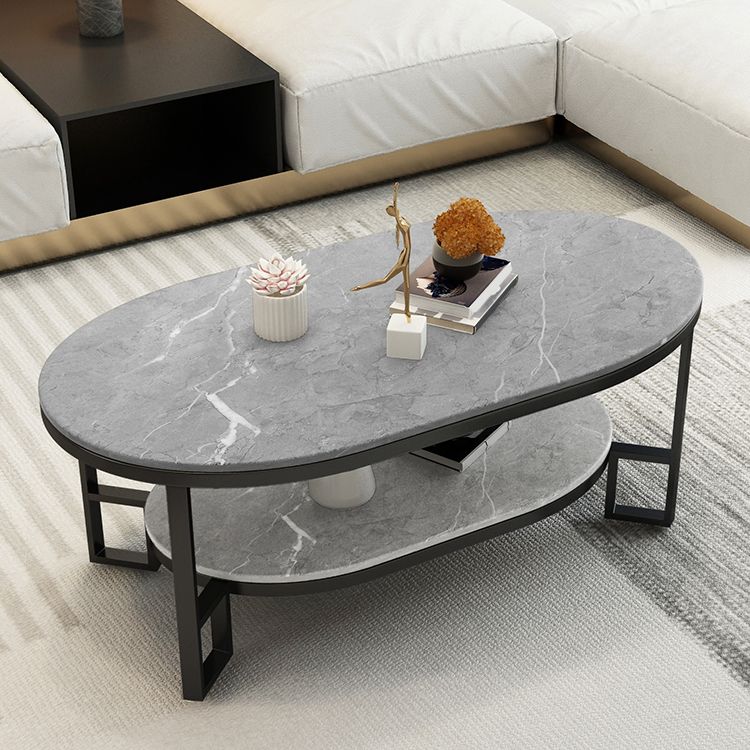 Oval Slate Top Coffee Table Iron 4 Legs Cocktail Table with Shelf