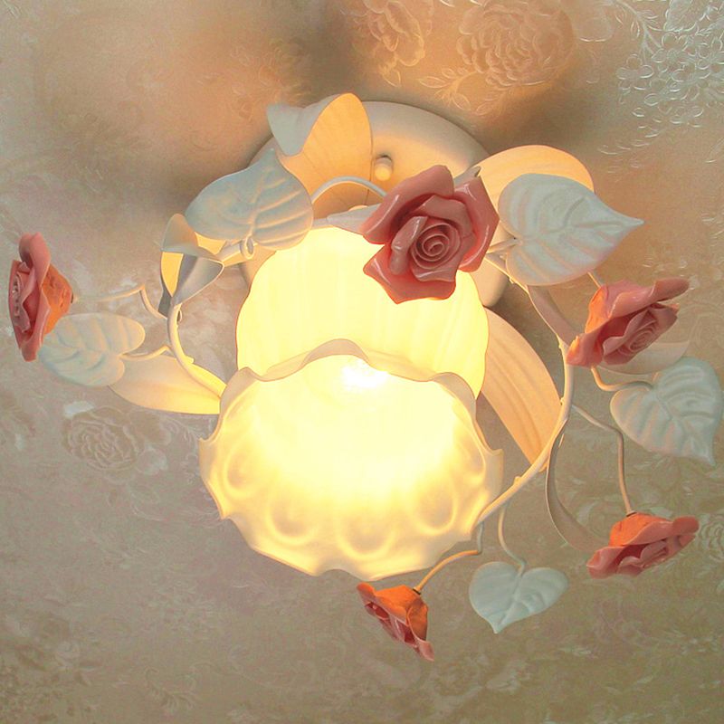 1 Light Ruffle Semi Flush Mount Lamp Korean Garden White Frosted Glass Flush Ceiling Light with Flower Deco
