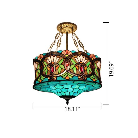 Living Room Ceiling Light LED, Stained Glass Drum Lighting Baroque Style, 18" W