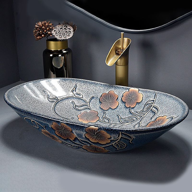 Traditional Vessel Bathroom Sink Oval Porcelain with Overflow and Drain Assembly Vessel