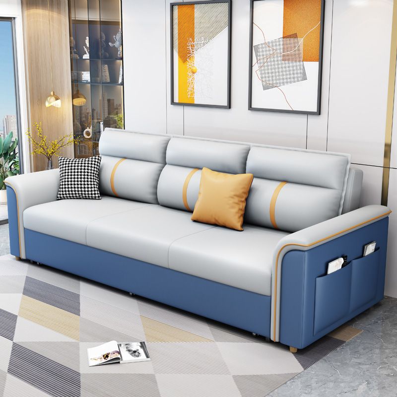 Contemporary Sleeper Sofa in Blue with Storage and Pillow Top Arms