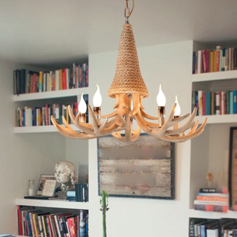 Beige Elk Shaped Chandelier Lamp Traditional Metal and Rope 3/5 Lights Living Room Hanging Light