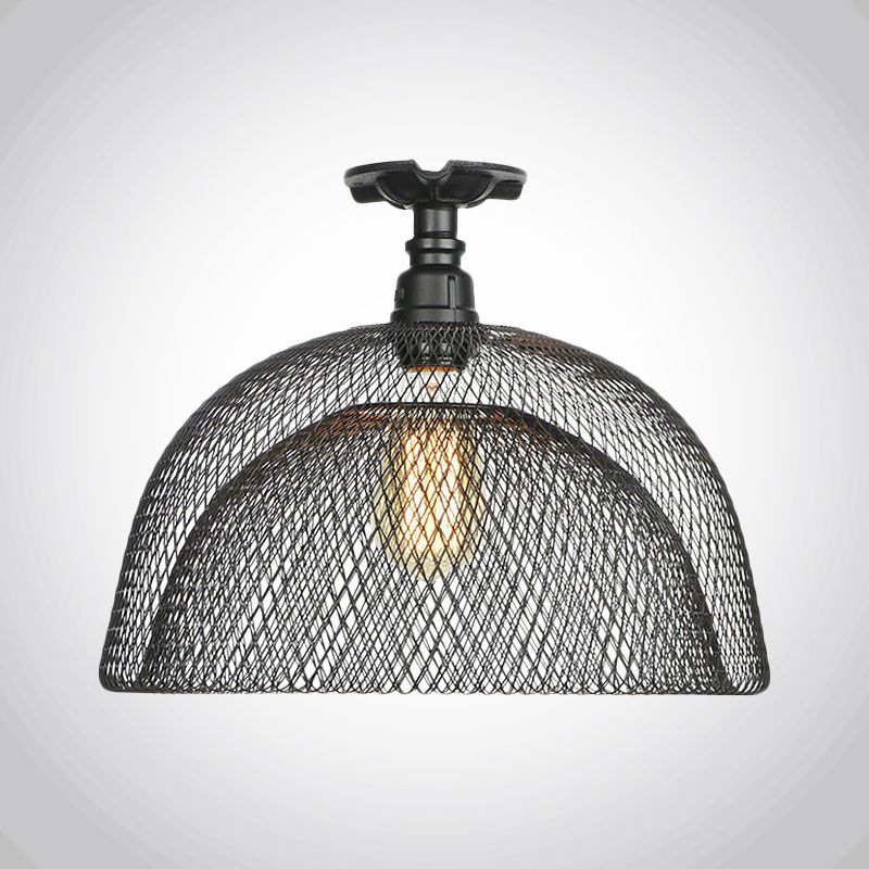 1 Bulb Saucer/Barrel Semi Flush Light Industrial Stylish Black Finish Metal Ceiling Mounted Light with Mesh Screen