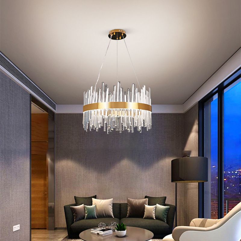 Gold Circular Hanging Ceiling Light Contemporary Crystal LED Suspended Light for Dining Room