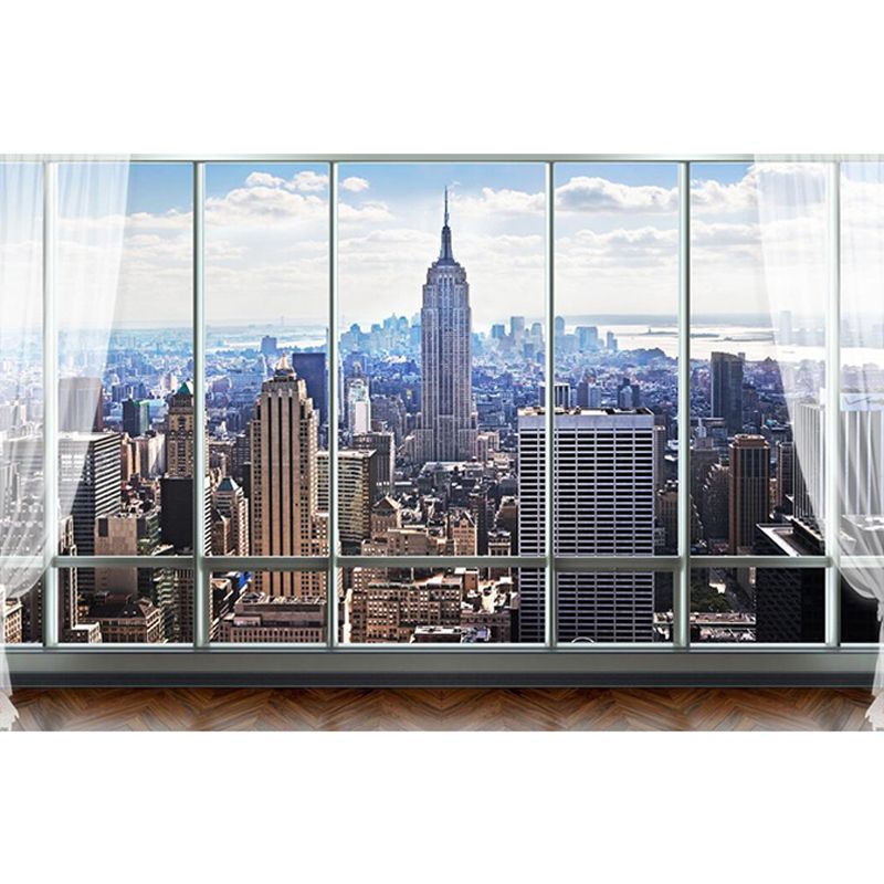 Waterproofing 3D City Wall Art Contemporary Mural Wallpaper for Meeting Room in Blue and Brown