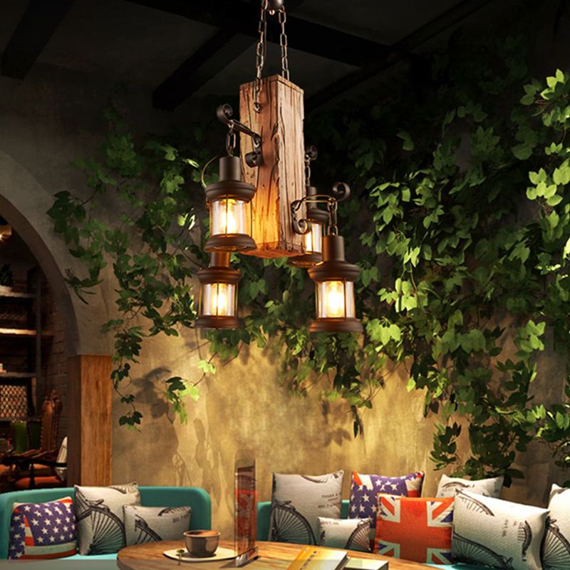 Lámpara de suspensión de linterna de vidrio transparente lámpara de techo de sala de estar náutica en madera