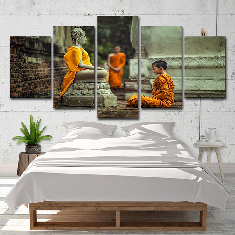 Buddhist Boy Meditating Canvas Print Yellow Contemporary Wall Art for Dining Room
