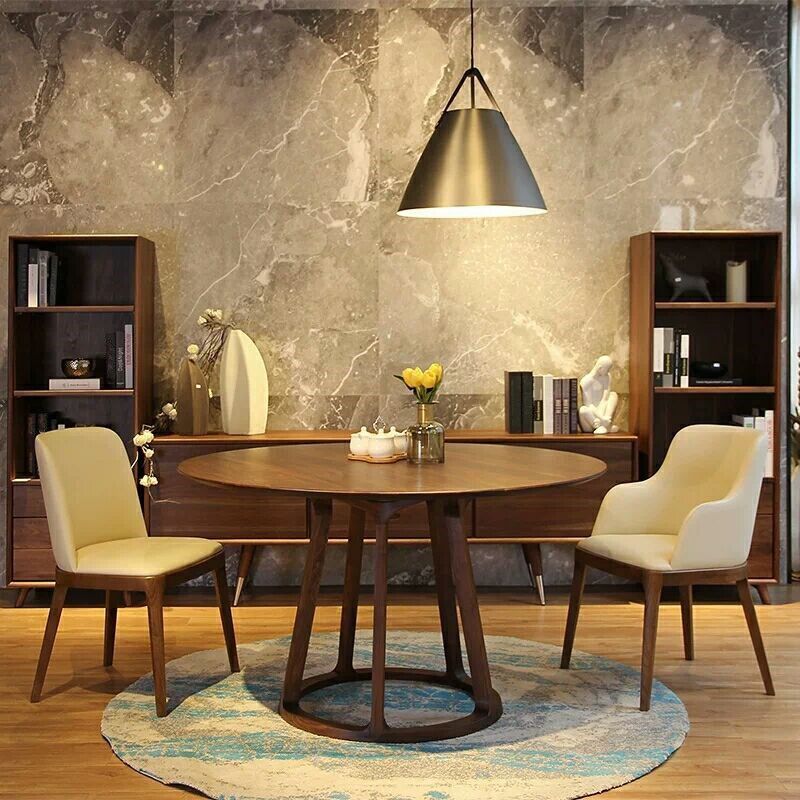 Round Pedestal Simplicity Dining Table Brown Tone Fixed Table with Pinewood Solid Wood