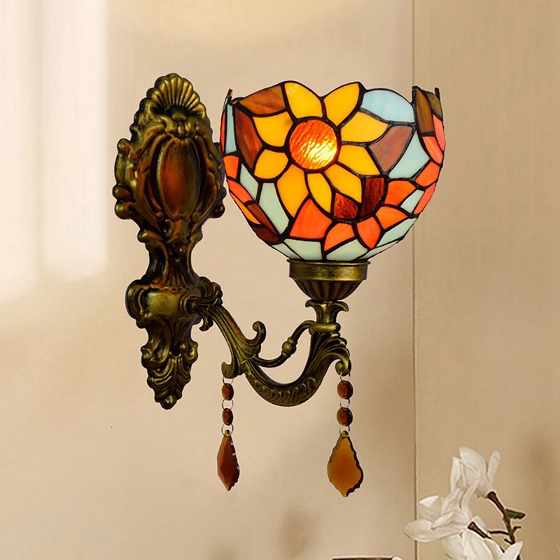 Handcrafted Stained Glass Brass Sconce Sunflower 1-Light Tiffany Wall Mount Light Fixture