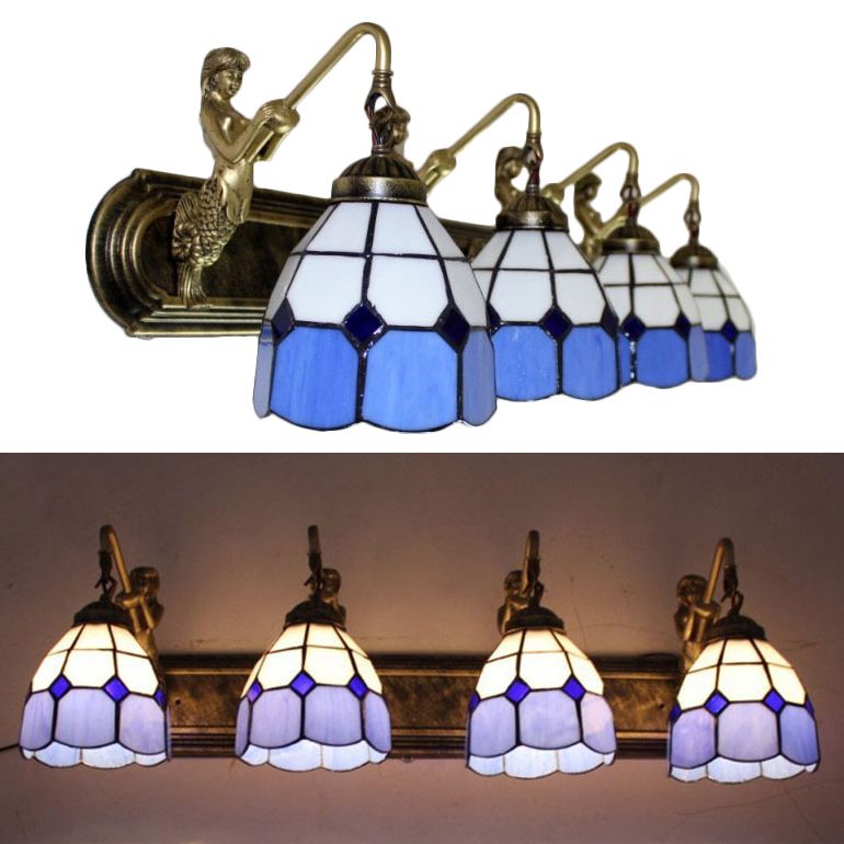 Mediterranean Grid Patterned Sconce Light 4 Heads Blue Glass Wall Mounted Light Fixture