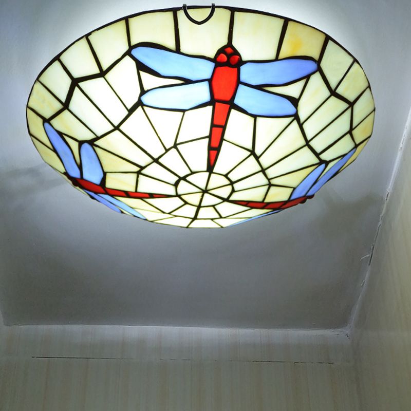 Dragonfly Round Ceiling Lighting Hand-Crafted Glass Tiffany Flush Mount Light in Sky Blue