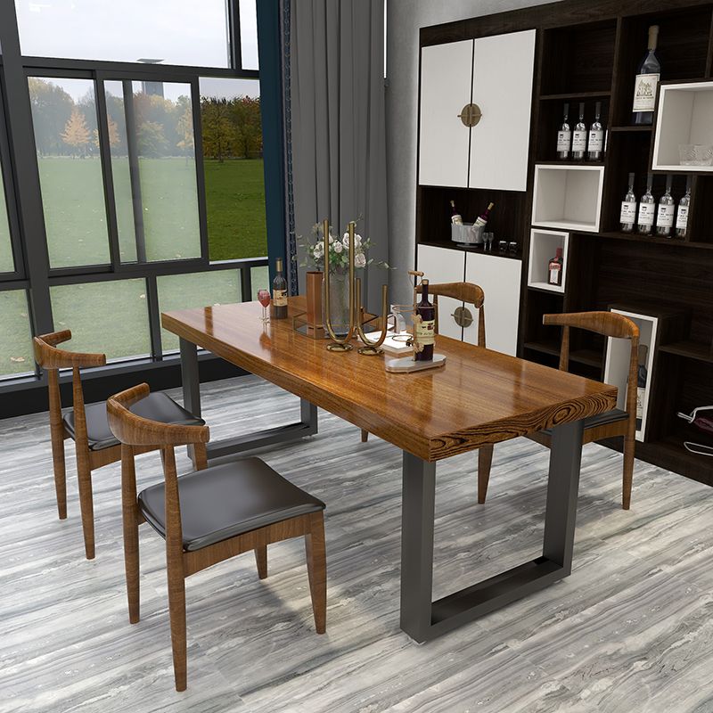 Black Metal Sled Base Table Industrial Dining Site Table with Wood Top