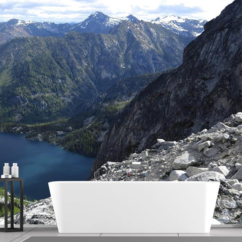 River Among Mountains Scenery Mural Decal Contemporary Non-Woven Wall Art in Green