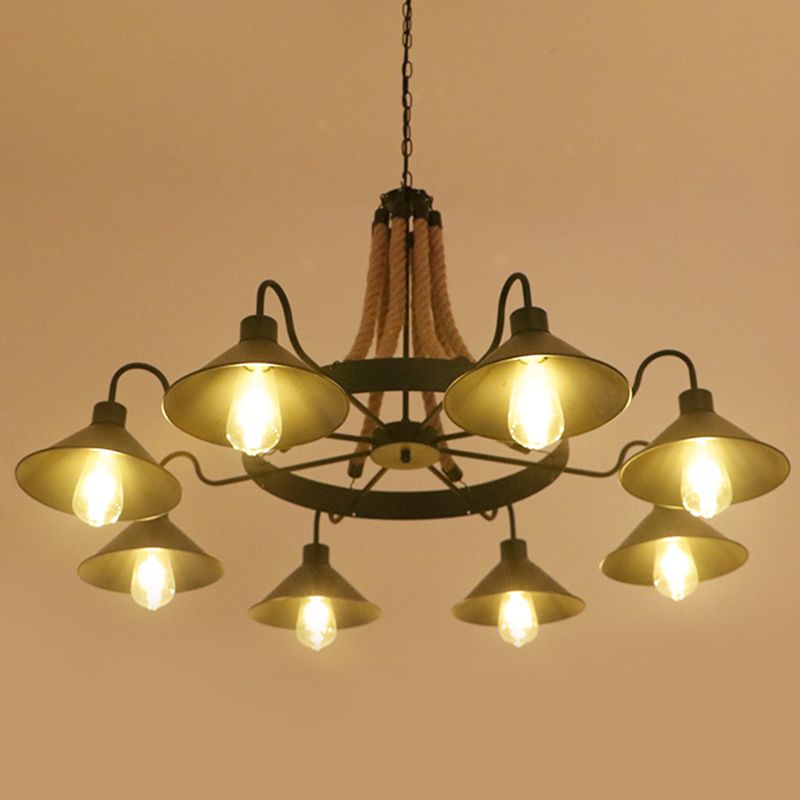 Circular Iron Ceiling Lighting Industrial Restaurant Chandelier Light Fixture with Hemp Rope in Black
