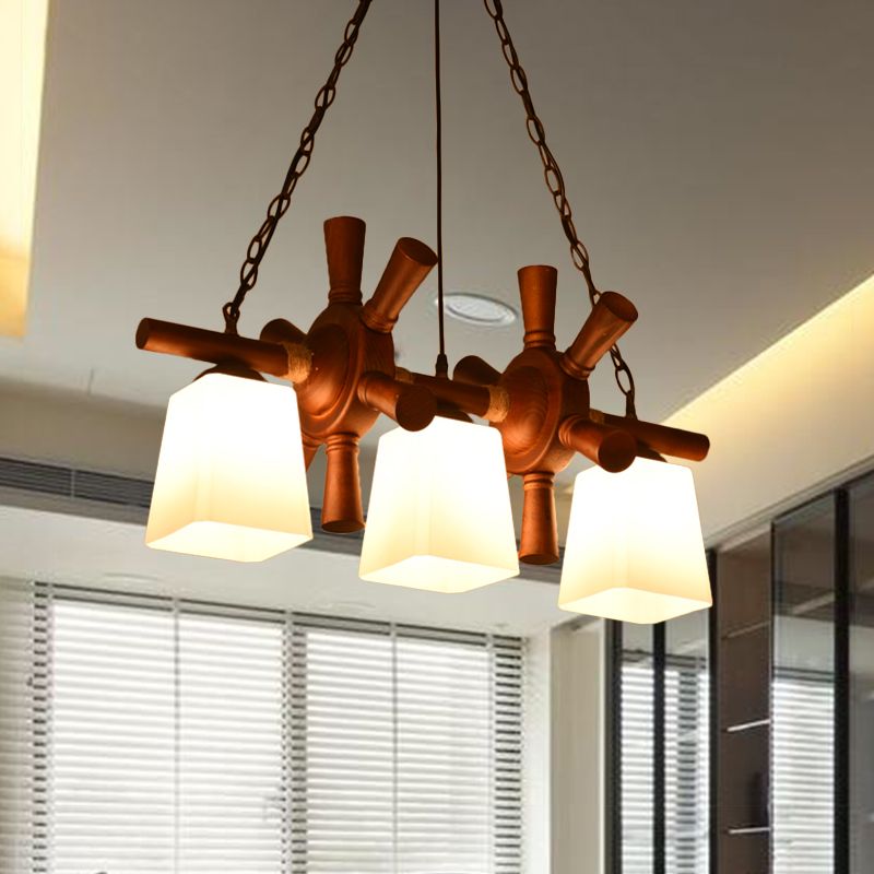 White Glass Brown Island Pendant Light Trapezoid 3 Bulbs Countryside Ceiling Lamp with Wooden Rudder Deco
