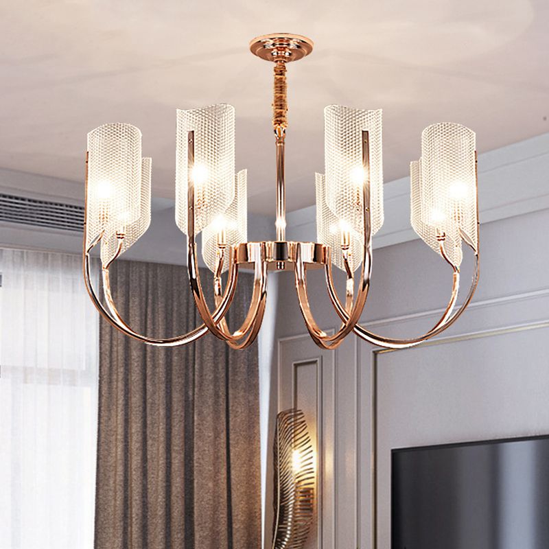 Araña de araña de estilo posmoderno de oro rosa con textura de diamante de brazo de ángulo ajuste de iluminación de sombra acrílica para sala de estar