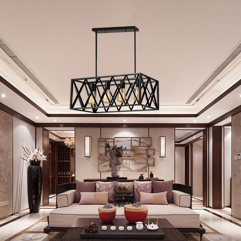 4 luci di stile industriale Isola rettangolare Luce nera in ferro battuto Cage sospesa per bar ristorante