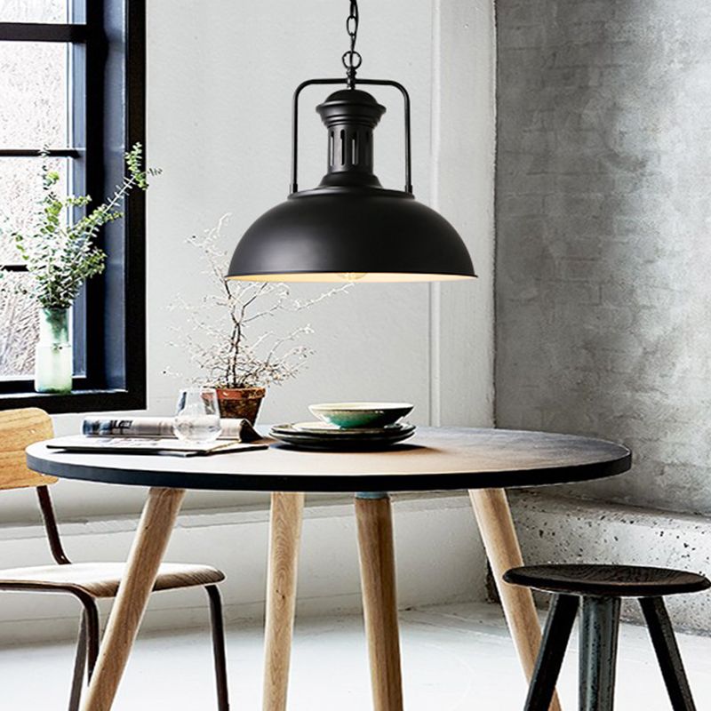 13 Inches Wide Industrial Style Dome Hanging Light Retro Wrought Iron Cafe Shop Lighting Pendants in Black