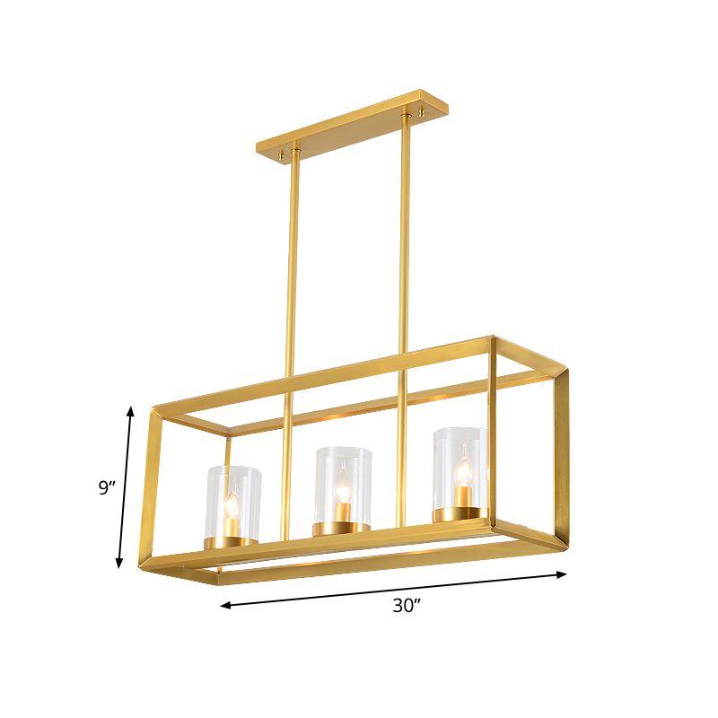 3/4 Bulbs Island Ceiling Light Colonial Cylindrical Clear Glass Suspension Lamp in Gold with Rectangle Metal Cage