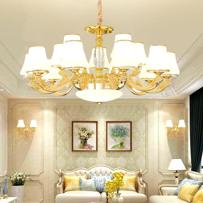 Minimalist Tapered Chandelier Light Opaline Glass Pendant Lamp in Gold for Living Room