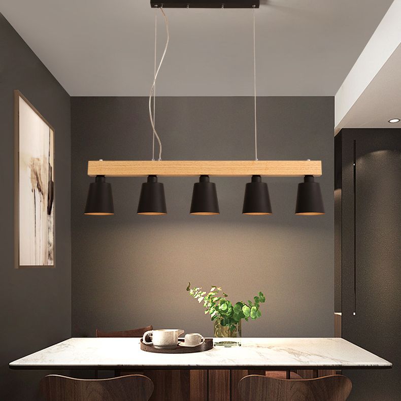 Linear Wooden Island Light Fixture Nordic Suspension Light with Tapered Metal Shade