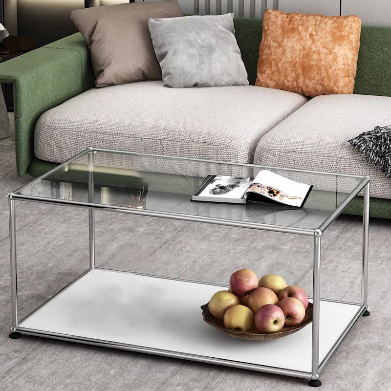 Rectangular Steel Coffee Table Modern Glass Top Cocktail Table with Floor Shelf