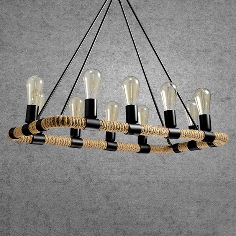 Rectangular Hemp Rope Island Lamp Industrial 10-Light Dining Room Suspension Light