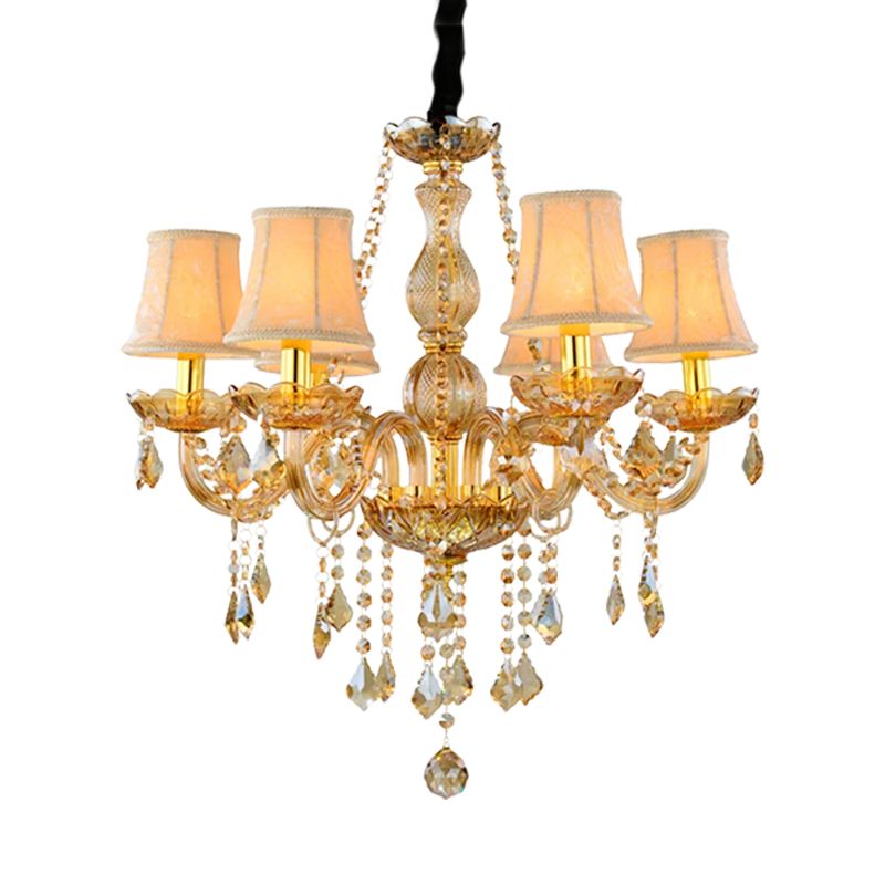 Retro Candle/Bell Chandelier Light 6 Bulbs Amber Beveled Crystal Pendant Lamp in Gold with/without Fabric Shade