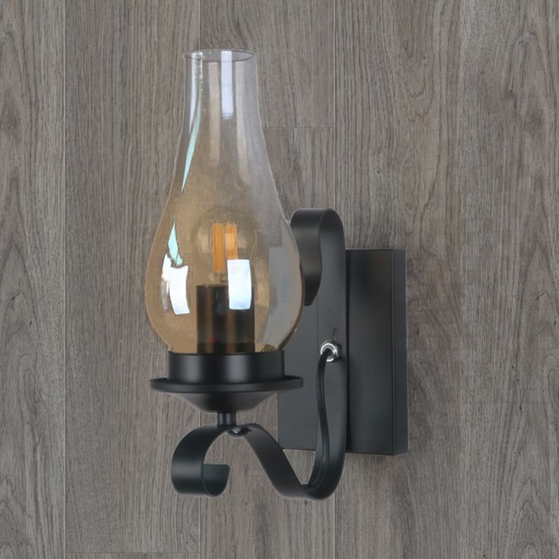Schwarz 1-Licht Wandleuchte im industriellen Vintage-Stil schmiedeeisernen Indoor-Wandlicht mit Bernsteinglasschatten