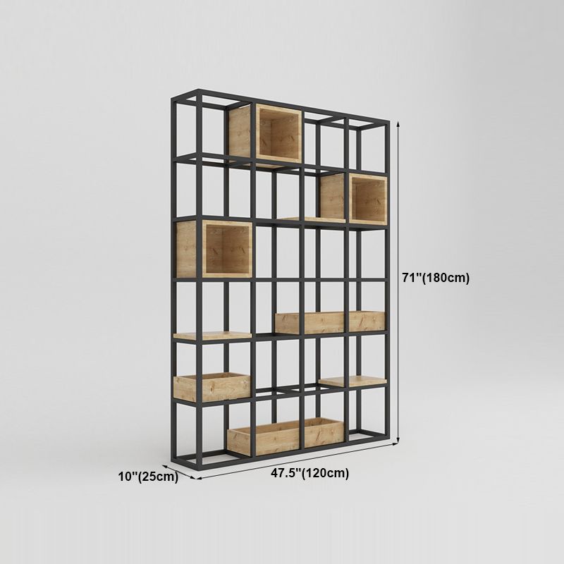 Modern Open Etagere Bookshelf with Black Iron Frame Pine Wood Shelf