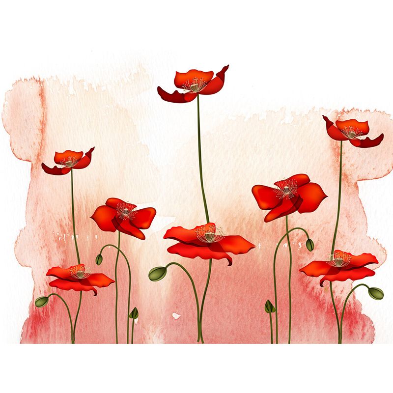 Pink-Red Blossoming Poppy Murals Flower Rustic Moisture Resistant Wall Covering for Bedroom