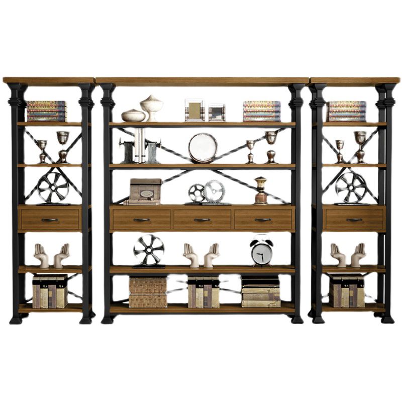 Open Back Standard Bookcase Industrial Wooden Bookshelf with Drawers