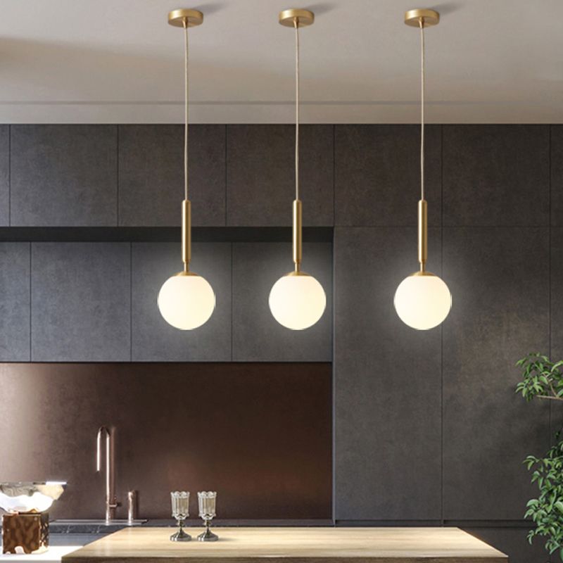 Modern Pendant Light Fixture White Glass 1-Light Dining Room Drop Light in Brass