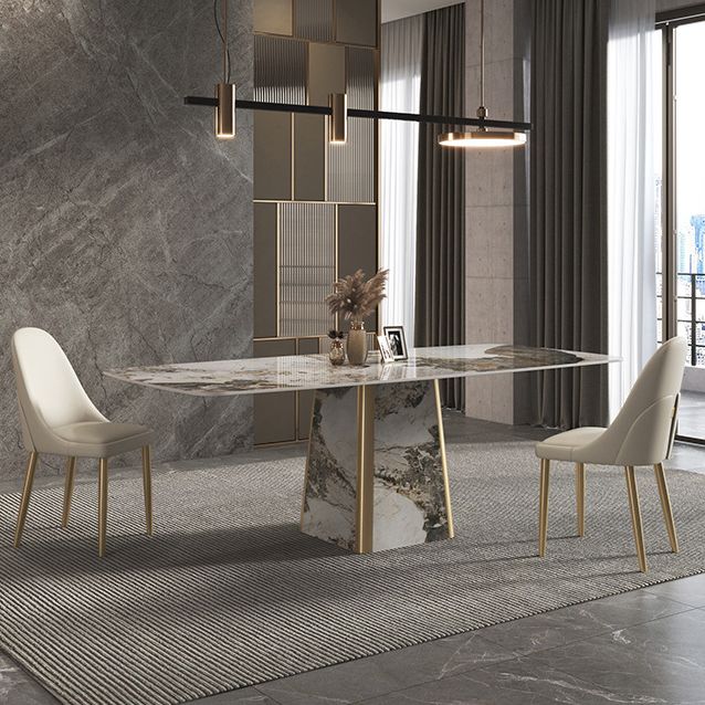 Contemporary Stone Dining Table Rectangle Table with Pedestal Base