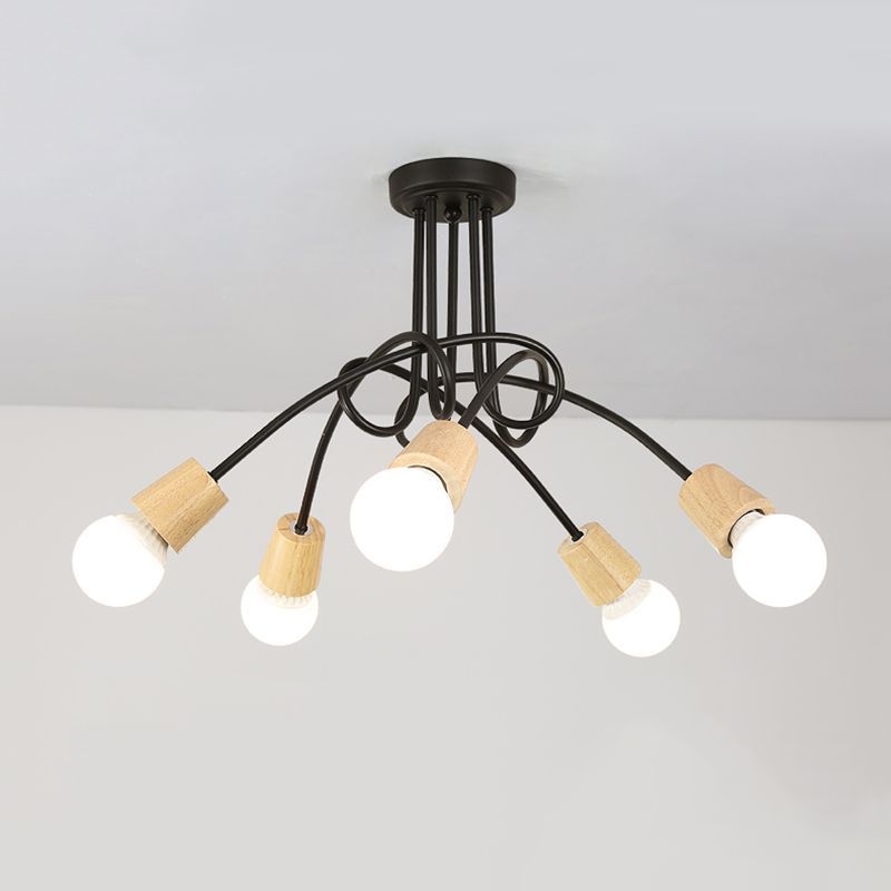 Metal Open Bulb Ceiling Light Fixture with Twisted Arm Loft Style 3/5 Lights Kitchen Semi Flush Pendentif Light in Wood