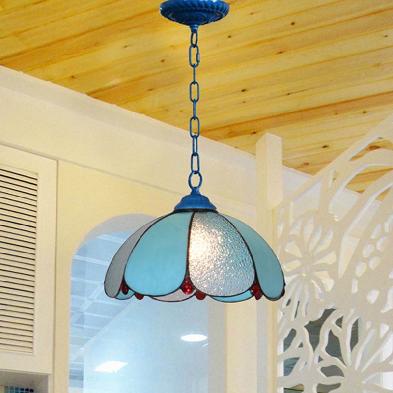Mediterranean Dome Pendant Lighting Fixture Single Hand-Crafted Glass Hanging Light for Restaurant