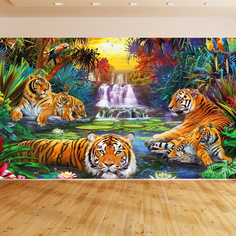 Jungle Cascade and Tiger Mural Wallpaper Modern Non-Woven Cloth Wall Art in Green