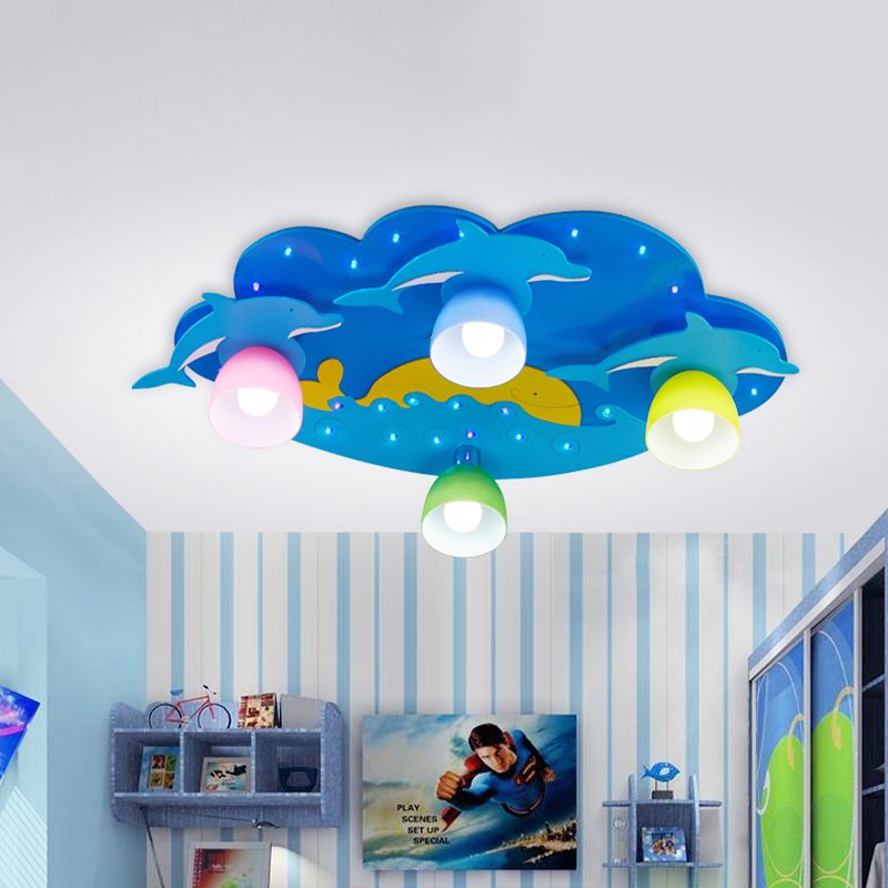 Blue Dolphin Flushmount Ceiling Lamp Kids 4 Bulbs Multicolored Glass Flush Mount Recessed Lighting