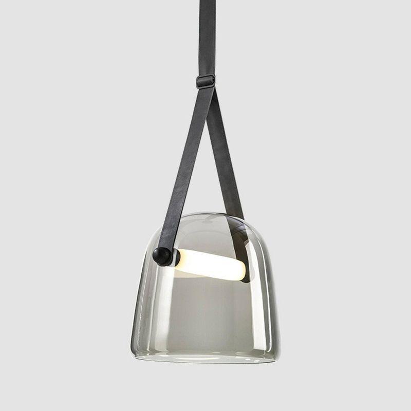 Dome Smoke Grey Glass Pendulum Light Nordic Single-Bulb Pendant Lighting with Adjustable Leather Strap