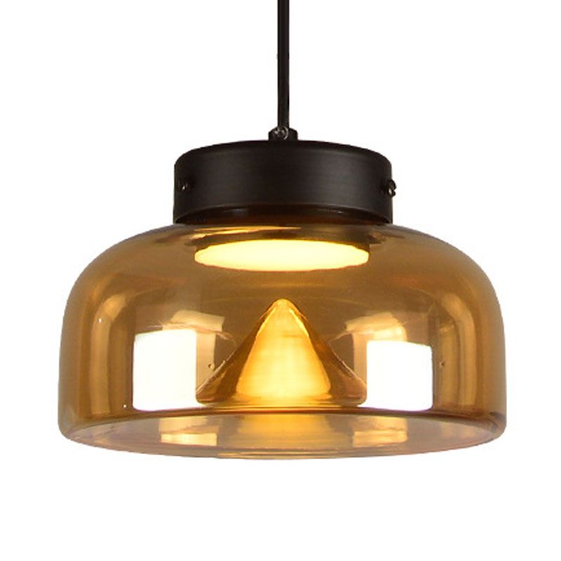 Bedside LED Down Lighting Postmodern Black Pendant Lamp with Bowl Amber Glass Shade