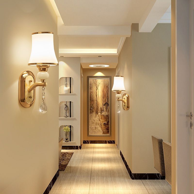 Simplicidad Floral Murning Light Opal Glass Luz de luz de pared en oro para sala de estar