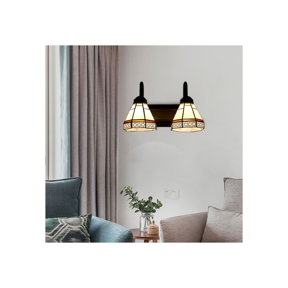 Conical Beige Glass Sconce Lighting Tiffany 2 Heads Black Wall Mounted Light Fixture