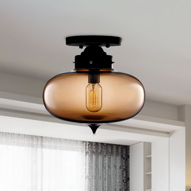 Black One Light Ceiling Mount Industrial Red / Brown / Amber Glass Oval Shade Semi Flush Light for Dining Room