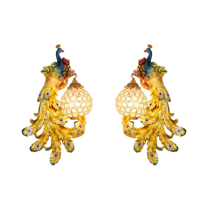 1 Light Blue/Gold Peacock Wall Lamp Country Resin 1/2-Pack Sconce Lighting with Crystal Globe Shade, Double/Right/Left