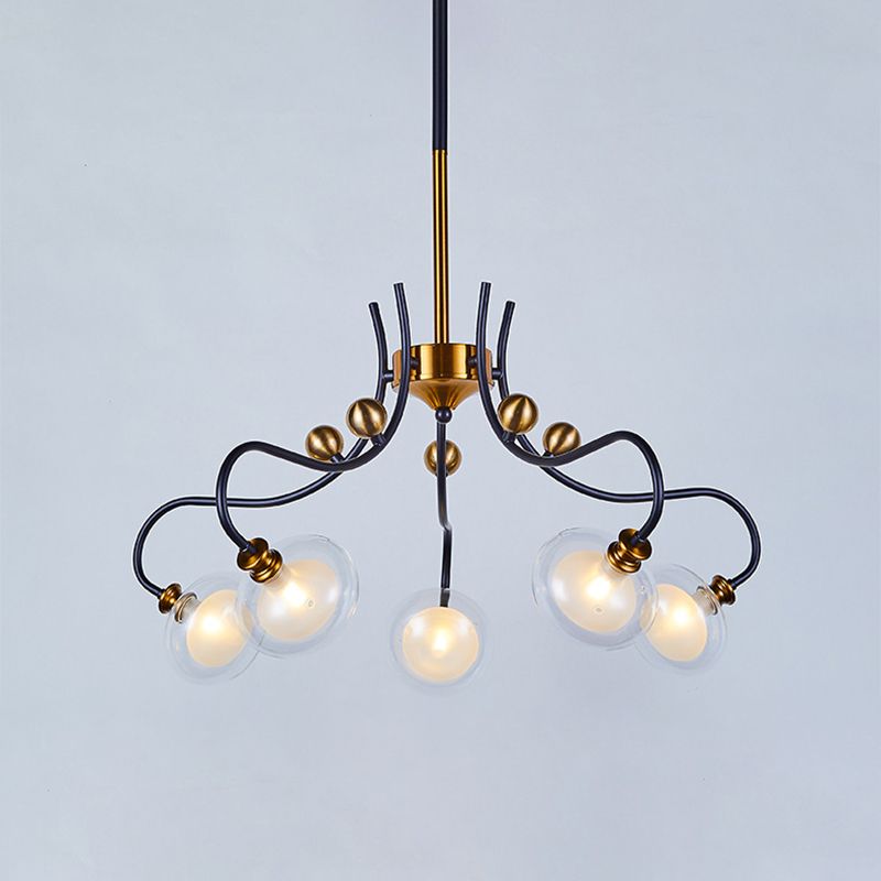 POST MODERN BALL PENDANT Chandelier Verre transparent 5/9 têtes Salon 1/2 niveaux de pendule avec un bras coulé en noir et or