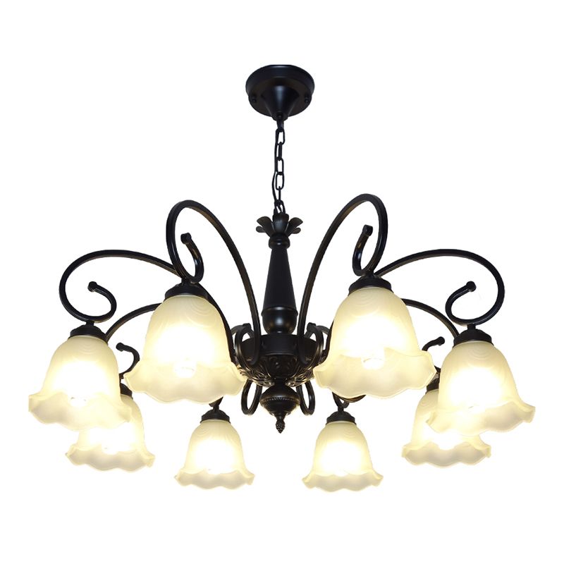 Ruffle Glass Floral Shade Chandelier Pendant Light Vintage Dining Room Hanging Light in Black