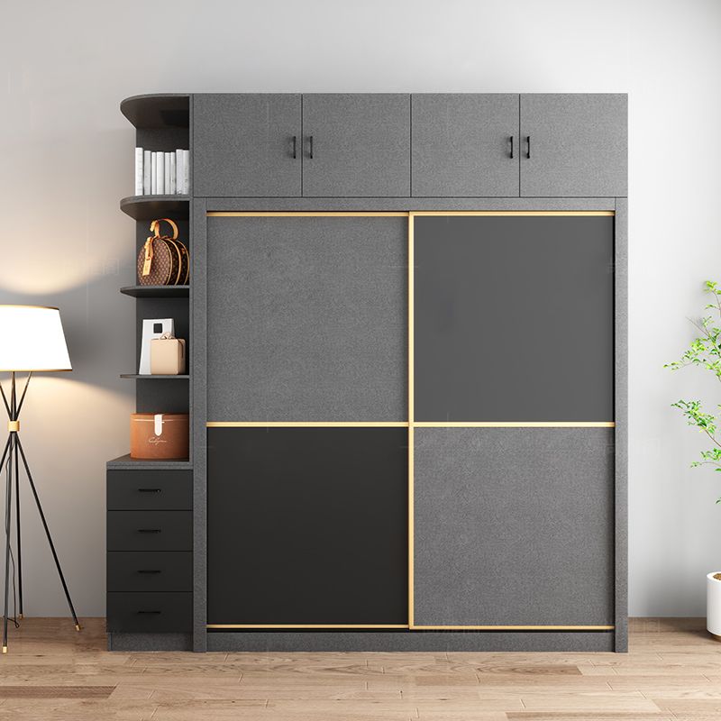 Manufactured Wood Grey Cabinet with Clothes Rail Modern Wardrobe with Sliding Doors