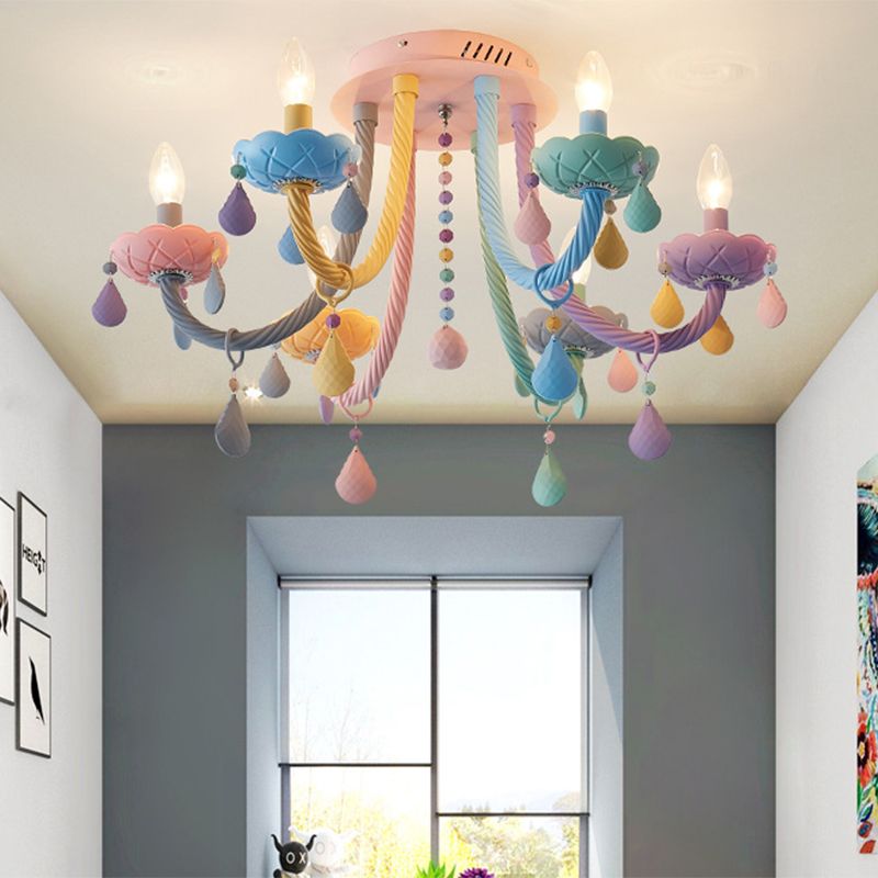 Candélabre pour chambre à coucher, montage semi-encastré en métal, 5/6 lumières, macaron proche des plafonniers, bleu-rose-jaune